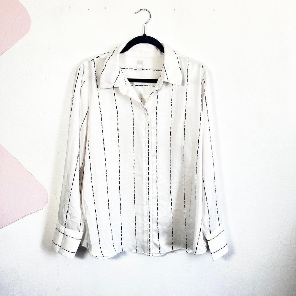 Career Blouse Womens Large Button Shirt White Striped Work Office
